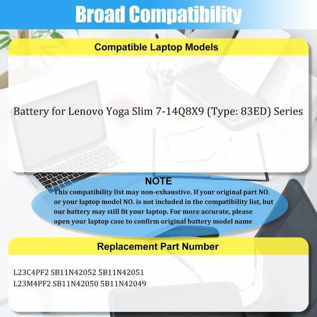 Alt view image 3 of 7 - L23M4PF2 Battery Replacement for Lenovo Yoga Slim 7 14Q8X9 | Laptop Battery L23C4PF2 SB11N42052 5B11N42051 SB11N42050 5B11N42049, 70Wh