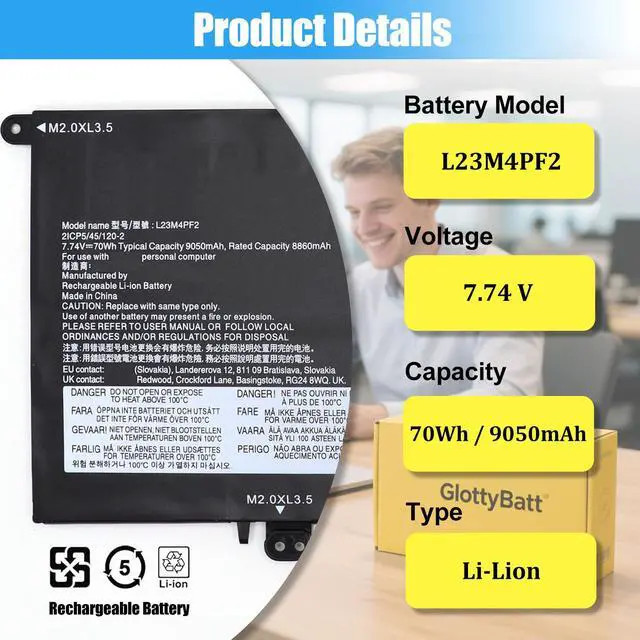 Alt view image 2 of 7 - L23M4PF2 Battery Replacement for Lenovo Yoga Slim 7 14Q8X9 | Laptop Battery L23C4PF2 SB11N42052 5B11N42051 SB11N42050 5B11N42049, 70Wh