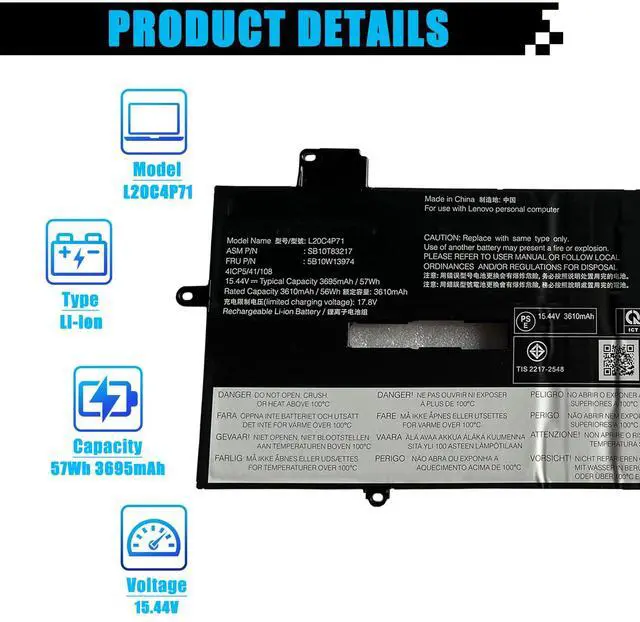 Alt view image 2 of 6 - L20C4P71 Laptop Battery Replacement for Lenovo ThinkPad X1 Carbon 9th 10th 11th Gen / X1 Yoga 6th 7th 8th Gen Series SB10T83217 5B10W13974 L20M4P71 SB10T83216 L20L4P71 L20D4P71 15.44V 57Wh