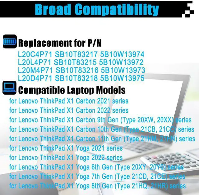 Alt view image 3 of 6 - L20C4P71 Laptop Battery Replacement for Lenovo ThinkPad X1 Carbon 9th 10th 11th Gen / X1 Yoga 6th 7th 8th Gen Series SB10T83217 5B10W13974 L20M4P71 SB10T83216 L20L4P71 L20D4P71 15.44V 57Wh