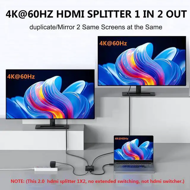 Alt view image 2 of 6 - 4K@60Hz 1x2 HDMI Splitter 1 in 2 Out RGB 4:4:4, 18 Gbps, 2 Port Powered HDMI 2.0 Splitters for Dual Monitors, Support Duplication/Mirror/Copy Screens (Not Extend) for Xbox/ PS5/HDTV/Laptop/Projector