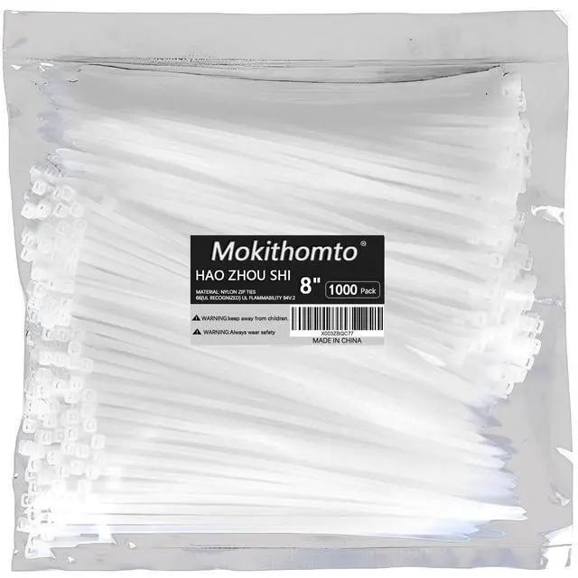 Main image of 8 Inch White Zip Ties(1000 pack) Heavy Duty Self Locking clear Zipties Bulk Tensile Strength 40 Pound Clear Industrial 8"Wire Cable Ties Wraps for Home Office Garden Fence Garage indoor outdoor