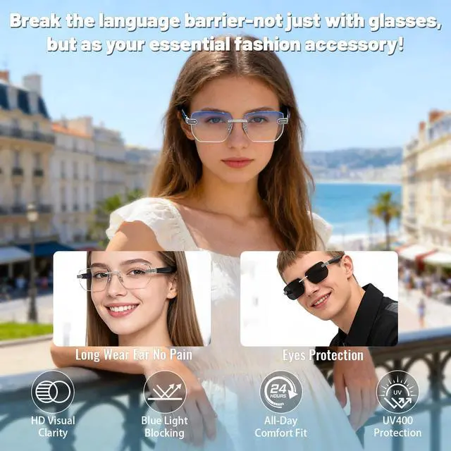 Alt view image 2 of 7 - Universal intelligent translation glasses for both men and women - Bluetooth connection, equipped with photochromic lenses, support music playback and hands-free calls, UV and blue light protection
