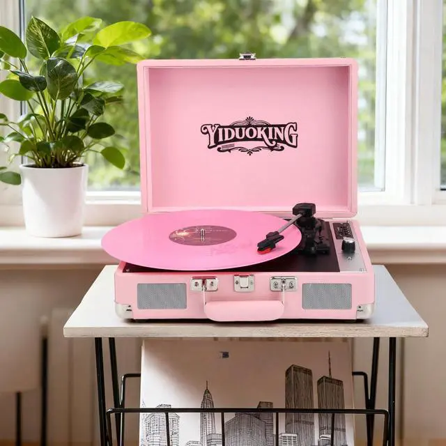 Alt view image 3 of 6 - Record Player, Vinyl Record Player with Stereo Speakers,All-in-one Turntable, 3-Speed Bluetooth Record Player, Supports USB/SD Card Playback, AUX Input, RCA Output, Headphone Jack, Pink