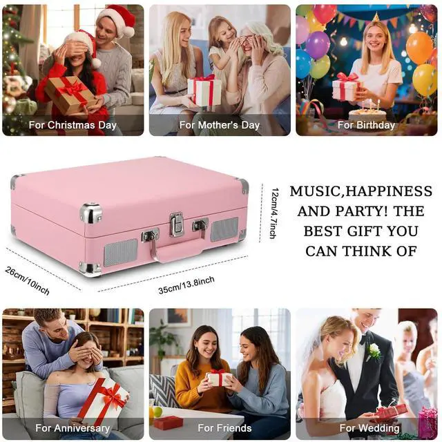 Alt view image 2 of 6 - Record Player, Vinyl Record Player with Stereo Speakers,All-in-one Turntable, 3-Speed Bluetooth Record Player, Supports USB/SD Card Playback, AUX Input, RCA Output, Headphone Jack, Pink