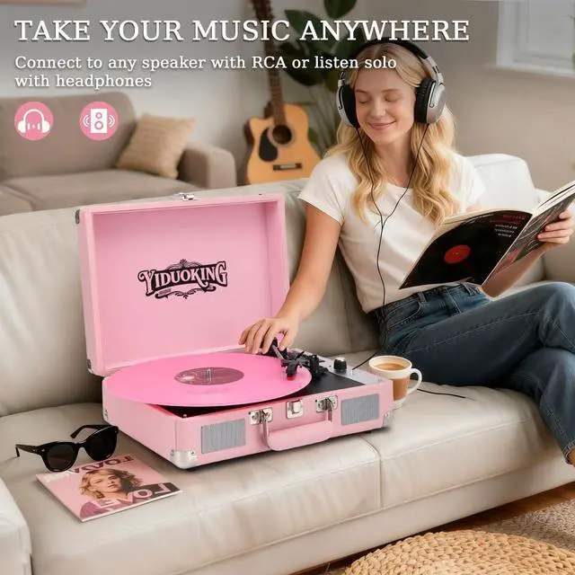 Alt view image 4 of 6 - Record Player, Vinyl Record Player with Stereo Speakers,All-in-one Turntable, 3-Speed Bluetooth Record Player, Supports USB/SD Card Playback, AUX Input, RCA Output, Headphone Jack, Pink