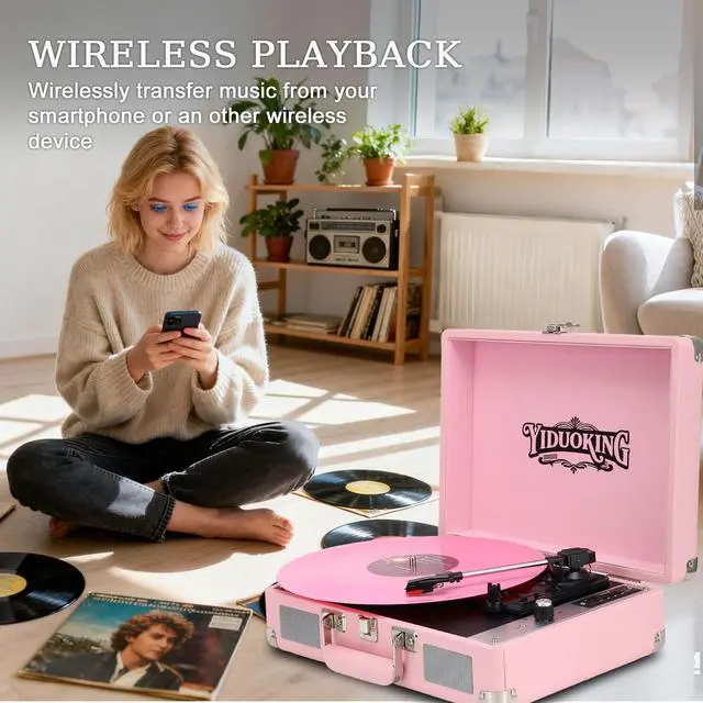 Alt view image 5 of 6 - Record Player, Vinyl Record Player with Stereo Speakers,All-in-one Turntable, 3-Speed Bluetooth Record Player, Supports USB/SD Card Playback, AUX Input, RCA Output, Headphone Jack, Pink