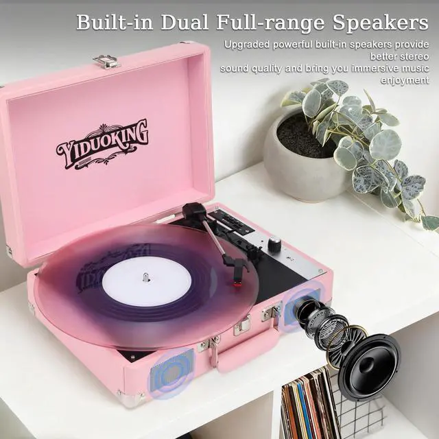 Alt view image 6 of 6 - Record Player, Vinyl Record Player with Stereo Speakers,All-in-one Turntable, 3-Speed Bluetooth Record Player, Supports USB/SD Card Playback, AUX Input, RCA Output, Headphone Jack, Pink