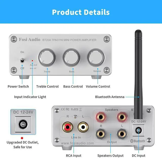 Alt view image 2 of 6 - BT20A-S Bluetooth 5.0 Stereo Audio 2 Channel Amplifier Receiver Mini Hi-Fi Class D Integrated Amp 2.0 CH for Home Speakers 100W x 2 with Bass and Treble Control TPA3116 (with Power Supply)