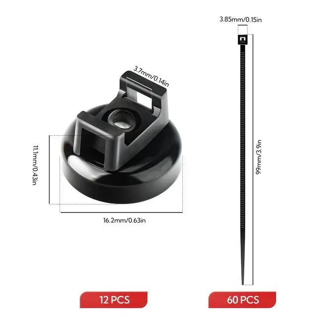 Alt view image 6 of 6 - 12Pcs Cable Ties Magnetic, Multipurpose Magnetic Wire Clip, Cable Wire Base with 60Pcs Releasable Cable Ties (16 x 11mm)