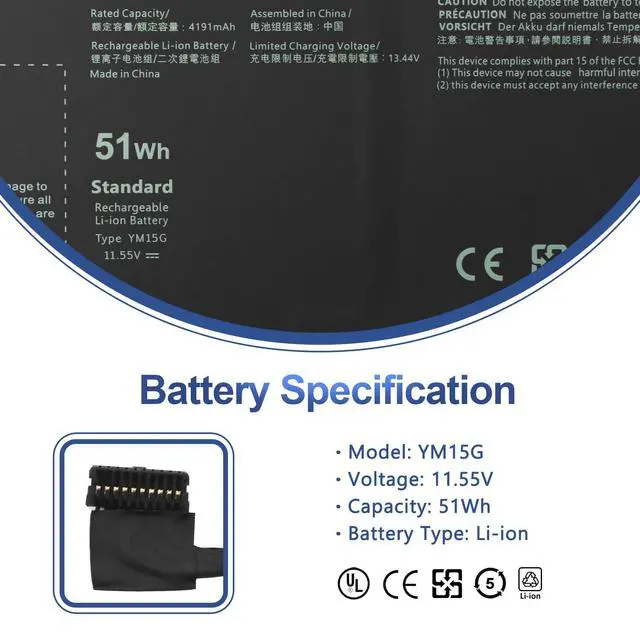 Alt view image 2 of 7 - YM15G Battery Compatible with Dell XPS 13 9315 | 11.55V 51Wh 4191mAh for Dell XPS 13 9315 (not 2-in-1), 9315-P1708LTW/D1705S/C0NNP/WP01KR, 0G9FHC/G9FHC, 0W6D4H/W6D4H