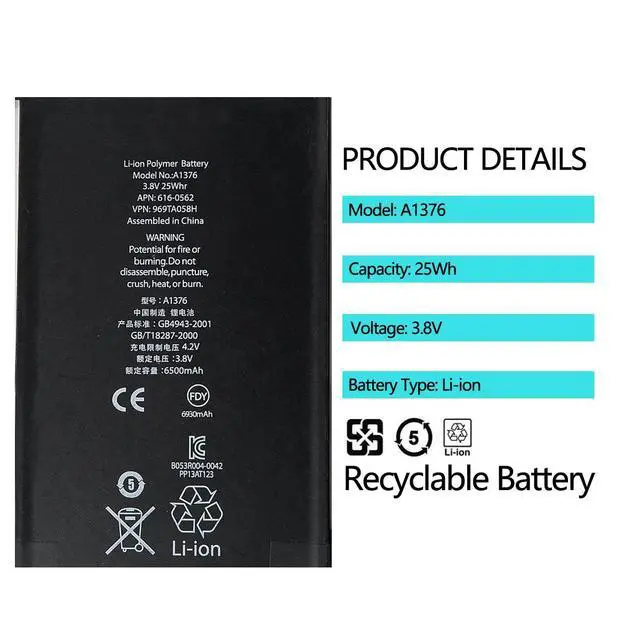 Alt view image 3 of 4 - A1376 Battery Compatible with iPad 2 2nd Generation (Not for Air 2) A1395 A1396 A1397 3.8V 25Wh Replacement Batteries with Tool Kit