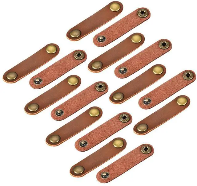 Main image of Pack of 15 Leather Cable Straps Cord Organizer 63x16mm Portable Cable Leather Clips Light Brown Earphone Cord Management for Cable, Wire
