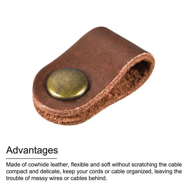 Alt view image 5 of 6 - Pack of 15 Leather Cable Straps Cord Organizer 63x16mm Portable Cable Leather Clips Light Brown Earphone Cord Management for Cable, Wire