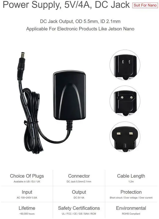 Alt view image 4 of 5 - Power Supply for Jetson Nano,100-240V 0.8A AC to DC 5V 4A Power Adapter Converter for Jetson Nano, DC Jack Output OD 5.5mm ID 2.1mm