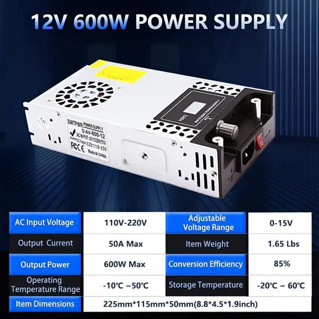 Alt view image 2 of 6 - 110V AC to DC 12V Converter 120V to 12V 50A 600W Power Supply | Voltage Adjustable Switching Power Supply for LED Strip Motor Pump CCTV Camera System Car Stereo 3D Printer