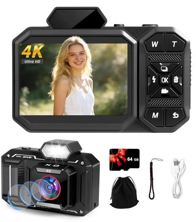 Main image of 4K Digital Camera, FHD Vlogging Camera for YouTube with 64GB Card, 64MP Autofocus Anti-Shake/Date Stamp, Compact Travel Camra, Point and Shoot Digital Camera for Teens Beginners Kids