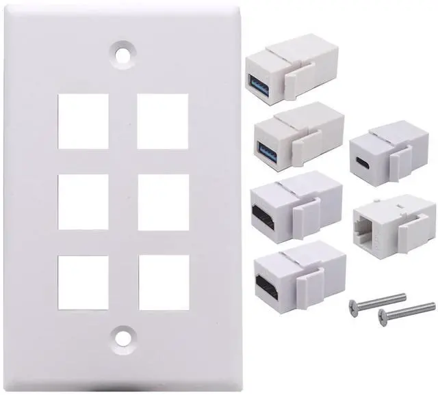Main image of 6 Ports Wall Plate, 2 Ports 4K HDMI 2 Ports USB 3.0 1 Port USB 3.1 Type C 1 Port CAT6 RJ45 Female to Female Module Keystone Outlet Socket