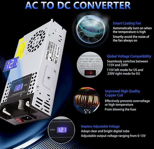 Alt view image 4 of 6 - 110V AC to DC 12V Converter 120V to 12V 50A 600W Power Supply | Voltage Adjustable Switching Power Supply for LED Strip Motor Pump CCTV Camera System Car Stereo 3D Printer