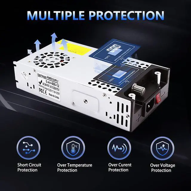Alt view image 5 of 6 - 110V AC to DC 12V Converter 120V to 12V 50A 600W Power Supply | Voltage Adjustable Switching Power Supply for LED Strip Motor Pump CCTV Camera System Car Stereo 3D Printer