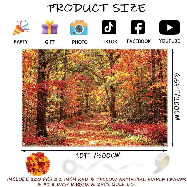 Alt view image 2 of 6 - Fall Backdrops for Photography 10×6.5ft Autumn Leaves Scene Photo Backdrop | with 100pcs 3.1inch dualcolor artificial maple leaves, Photoshoot Prop Background,Thanksgiving Party Decorations Banner