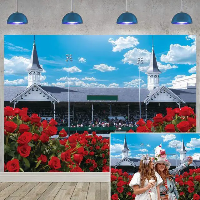 Main image of Kentucky Derby Backdrop Rose Garden Racecourse Photography Background Run for The Roses Banner for Horse Racing Themed Celebratory Party Decorations Supplies (82x59 inch (7x5FT))