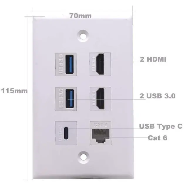 Alt view image 4 of 6 - 6 Ports Wall Plate, 2 Ports 4K HDMI 2 Ports USB 3.0 1 Port USB 3.1 Type C 1 Port CAT6 RJ45 Female to Female Module Keystone Outlet Socket