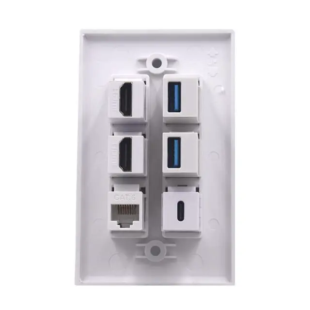 Alt view image 6 of 6 - 6 Ports Wall Plate, 2 Ports 4K HDMI 2 Ports USB 3.0 1 Port USB 3.1 Type C 1 Port CAT6 RJ45 Female to Female Module Keystone Outlet Socket