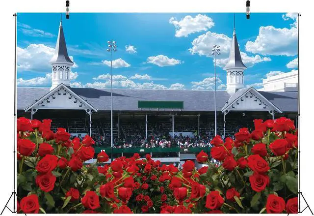 Alt view image 6 of 7 - Kentucky Derby Backdrop Rose Garden Racecourse Photography Background Run for The Roses Banner for Horse Racing Themed Celebratory Party Decorations Supplies (82x59 inch (7x5FT))