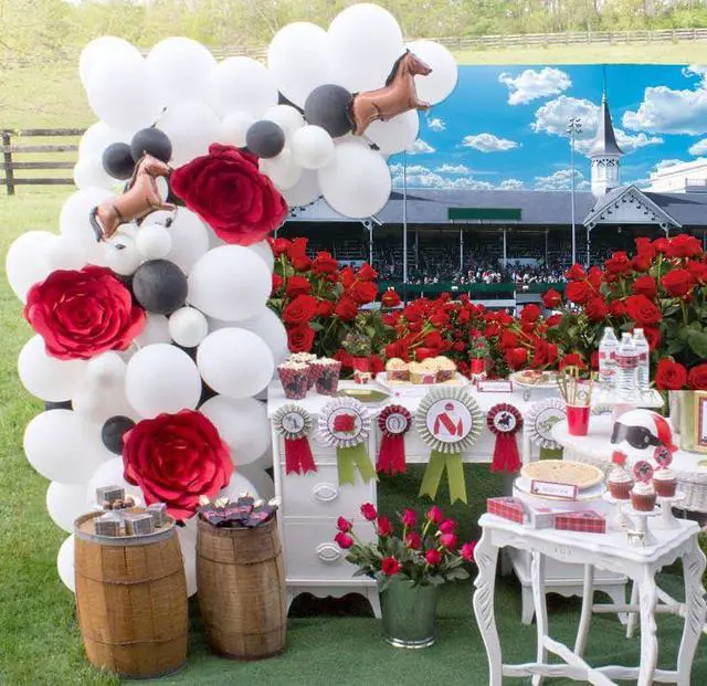 Alt view image 5 of 7 - Kentucky Derby Backdrop Rose Garden Racecourse Photography Background Run for The Roses Banner for Horse Racing Themed Celebratory Party Decorations Supplies (82x59 inch (7x5FT))