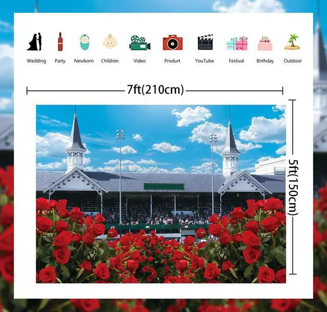 Alt view image 2 of 7 - Kentucky Derby Backdrop Rose Garden Racecourse Photography Background Run for The Roses Banner for Horse Racing Themed Celebratory Party Decorations Supplies (82x59 inch (7x5FT))