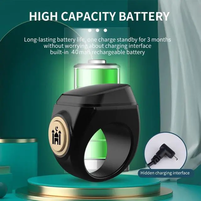 Alt view image 4 of 7 - Smart Zikr-Ring, Rechargeable Electronic Digital Tasbih Counter Rings, Waterproof, 3 Sizes Finger Counter for Muslims, Prayer, Reminder(18mm Black)