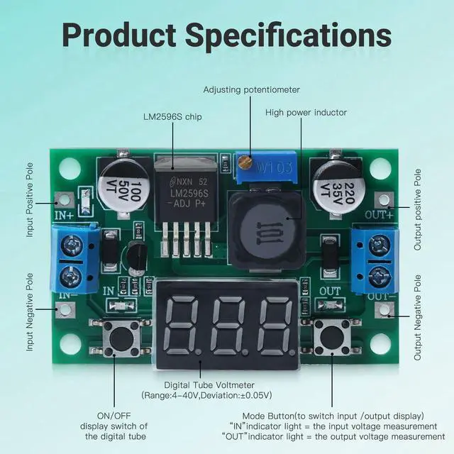 Alt view image 3 of 7 - 4PCS Green LM2596 Adjustable DC-DC Buck Converter Step Down Module with LED Voltage Display, 4-40V to 1.25-37V Power Supply