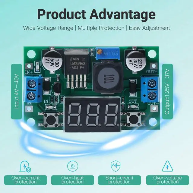 Alt view image 5 of 7 - 4PCS Green LM2596 Adjustable DC-DC Buck Converter Step Down Module with LED Voltage Display, 4-40V to 1.25-37V Power Supply