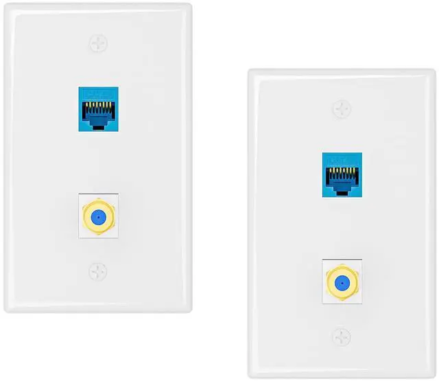 Main image of 2-Pack CAT6A Ethernet Wall Plate, 2-Port Keystone, Blue | 2-Port Keystone Wall Plates with Cat 6A Coupler 10Gbit/s and COAX Jack, Female to Female Cat6a Wall Plate, Cat6a/Cat6/5e