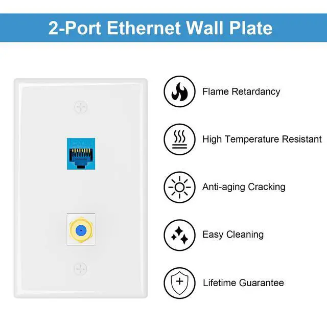 Alt view image 3 of 7 - 2-Pack CAT6A Ethernet Wall Plate, 2-Port Keystone, Blue | 2-Port Keystone Wall Plates with Cat 6A Coupler 10Gbit/s and COAX Jack, Female to Female Cat6a Wall Plate, Cat6a/Cat6/5e