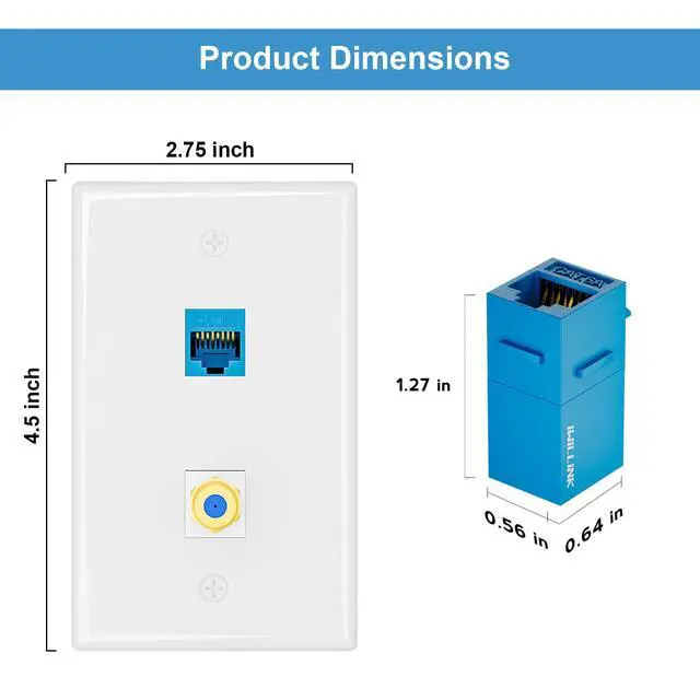 Alt view image 5 of 7 - 2-Pack CAT6A Ethernet Wall Plate, 2-Port Keystone, Blue | 2-Port Keystone Wall Plates with Cat 6A Coupler 10Gbit/s and COAX Jack, Female to Female Cat6a Wall Plate, Cat6a/Cat6/5e