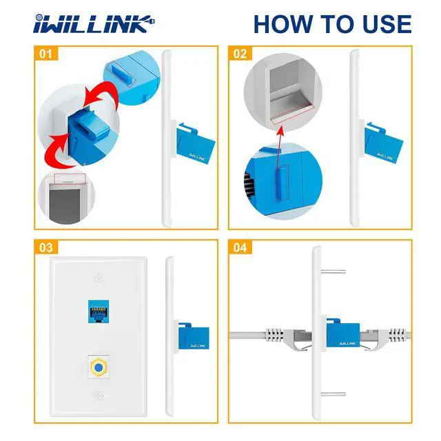 Alt view image 6 of 7 - 2-Pack CAT6A Ethernet Wall Plate, 2-Port Keystone, Blue | 2-Port Keystone Wall Plates with Cat 6A Coupler 10Gbit/s and COAX Jack, Female to Female Cat6a Wall Plate, Cat6a/Cat6/5e