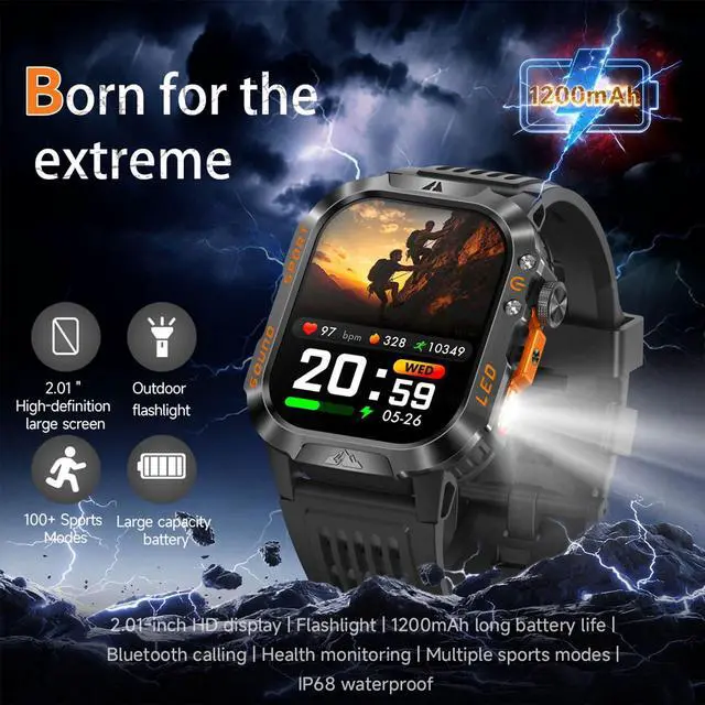 Alt view image 2 of 6 - Smart Watch,1200mAh Long Battery Life, 2.01-inch LCD, Bluetooth Calling, Flashlight, Heart Rate/Sleep Monitoring, Supports 100+Sports Modes, IP68 Waterproof,Android & iOS Compatible (Black)