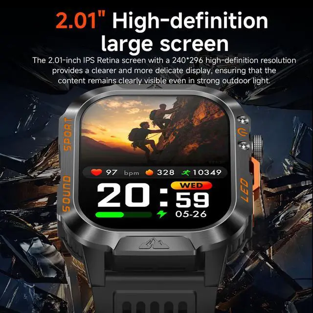 Alt view image 5 of 6 - Smart Watch,1200mAh Long Battery Life, 2.01-inch LCD, Bluetooth Calling, Flashlight, Heart Rate/Sleep Monitoring, Supports 100+Sports Modes, IP68 Waterproof,Android & iOS Compatible (Black)