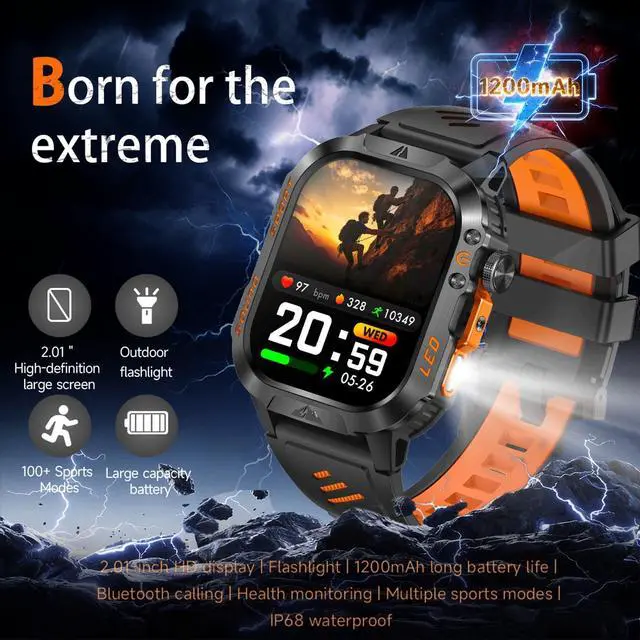 Alt view image 2 of 6 - Smart Watch,1200mAh Long Battery Life, 2.01-inch LCD, Bluetooth Calling, Flashlight, Heart Rate/Sleep Monitoring, Supports 100+Sports Modes, IP68 Waterproof,Android & iOS Compatible (Orange)