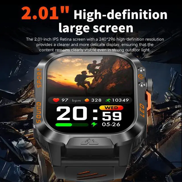 Alt view image 5 of 6 - Smart Watch,1200mAh Long Battery Life, 2.01-inch LCD, Bluetooth Calling, Flashlight, Heart Rate/Sleep Monitoring, Supports 100+Sports Modes, IP68 Waterproof,Android & iOS Compatible (Orange)