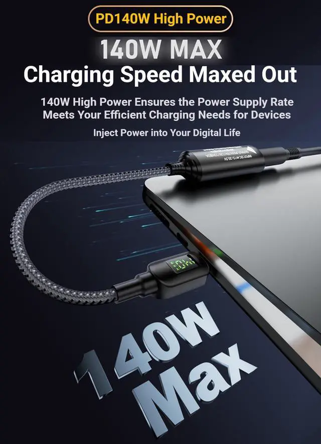 Alt view image 2 of 7 - Laptop Power Adapter DC to USB Type-C Converter with Digital Display, Auto Recognition PD 140W, 5V/9V/20V Conversion Cable (5.5 * 2.5mm Plug, DC to USB Type C)