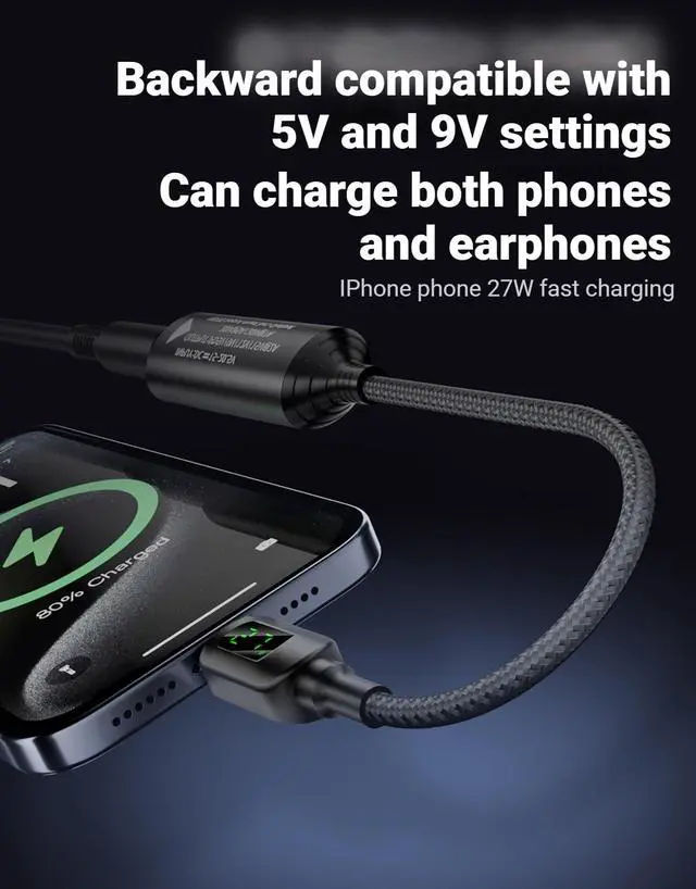 Alt view image 4 of 7 - Laptop Power Adapter DC to USB Type-C Converter with Digital Display, Auto Recognition PD 140W, 5V/9V/20V Conversion Cable (5.5 * 2.5mm Plug, DC to USB Type C)
