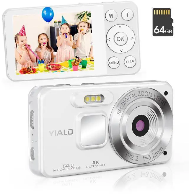 Main image of 4K Digital Camera for Teens, FHD 64MP Digital Camera for Kids with 64GB SD Card, 18X Digital Zoom Cameras for Photography, Point and Shoot Video Camera for Kids, White