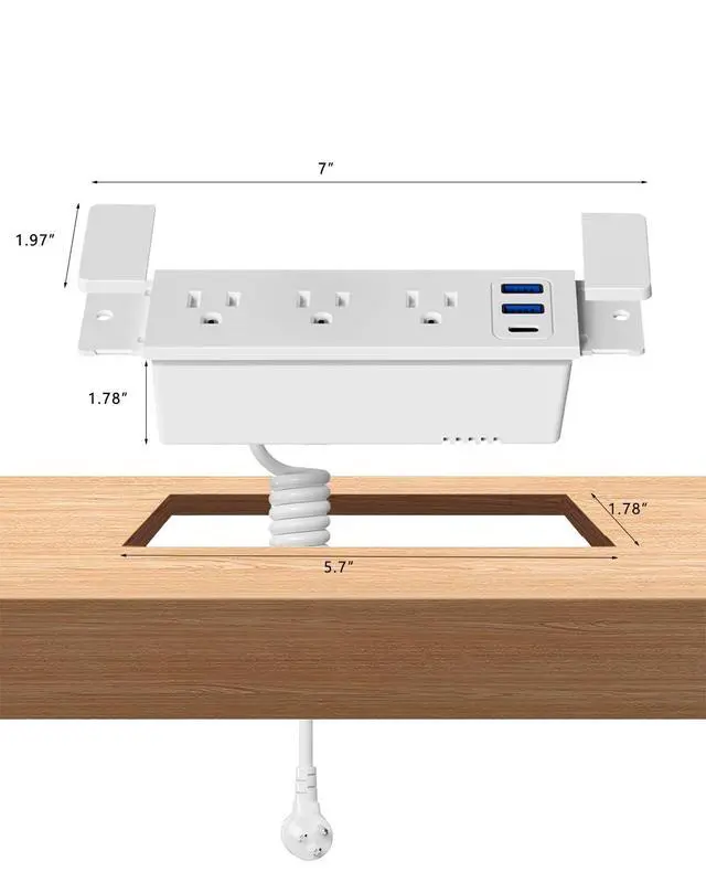 Alt view image 6 of 6 - Recessed Power Strip, Drawer Outlet with USB C PD20W Fast Charger Station | Recessed Outlet, Spring Power Cable for Cabinets,Conference Rooms, Office Tables, Furniture (White)