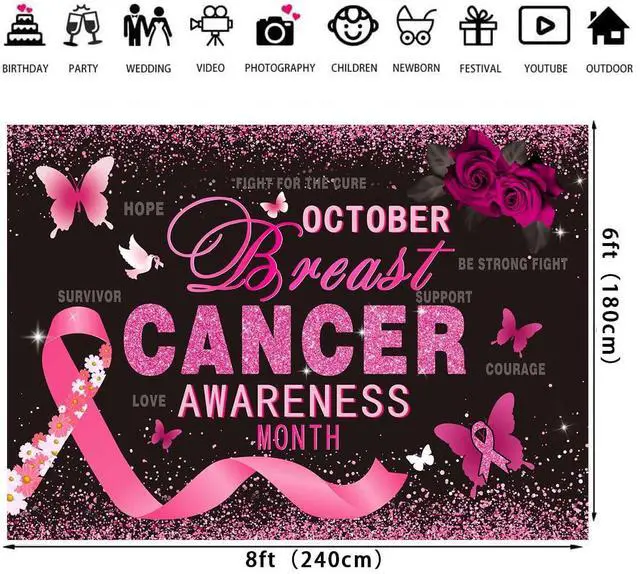 Alt view image 2 of 7 - Breast Cancer Awareness Backdrop Pink Ribbon Love Hope Background | 8X6FT October Breast Cancer Prevention Banner, Pink Ribbon Banner,Breast Cancer Charity Fundraising Activities Photo Props