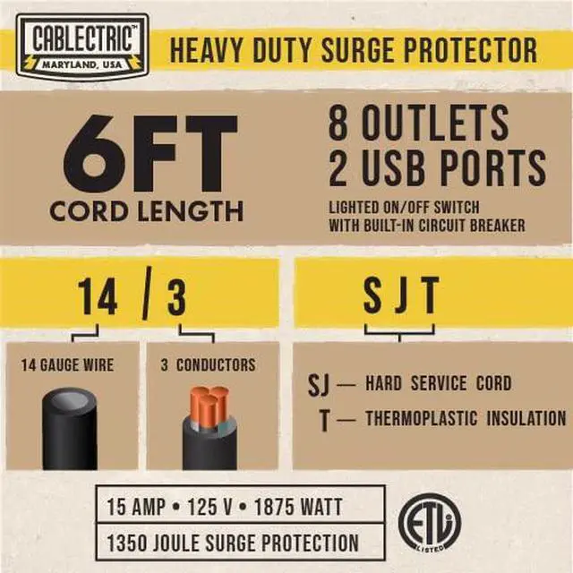Alt view image 2 of 6 - Heavy Duty Surge Protector Power Strip, 6 Outlet, 14/3 SJT Metal | 9 Ft Extension Cord, Surge Suppressor, Industrial Black & Yellow