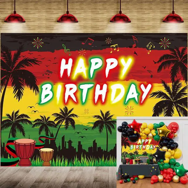Main image of Reggae Happy Birthday Backdrop 8x6FT Jamaican Rastafari Palm Tree Reggae Party Decorations Background Summer Music Themed Birthday Party Decorations Supplies Photo Props