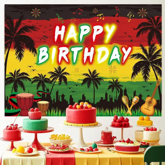 Alt view image 2 of 7 - Reggae Happy Birthday Backdrop 8x6FT Jamaican Rastafari Palm Tree Reggae Party Decorations Background Summer Music Themed Birthday Party Decorations Supplies Photo Props
